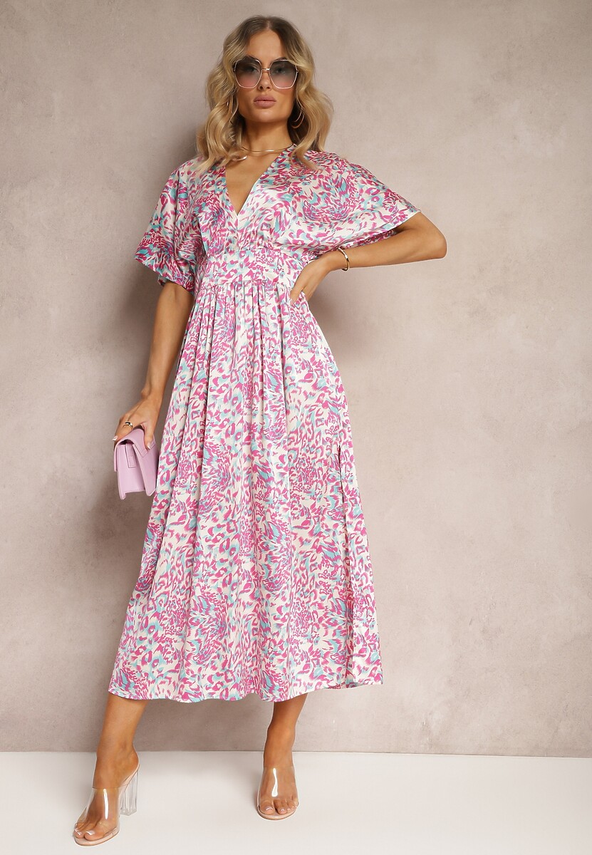 Fioletowa Sukienka o Rozkloszowanym Kroju z Ozdobnym Pasem w Talii Dovbia