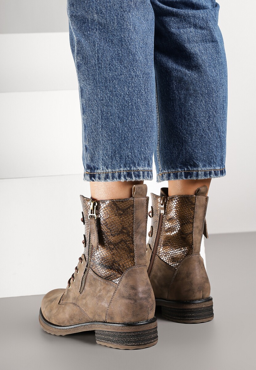 Brązowe Botki w Stylu Workerów z Ozdobnym Suwakiem i Wężową Wstawką Vemalora