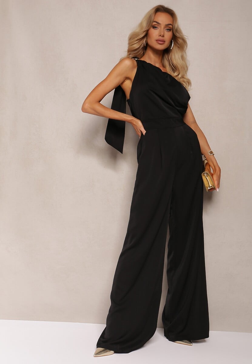 Czarny Kombinezon z Asymetrycznym Dekoltem i Kieszeniami Benae