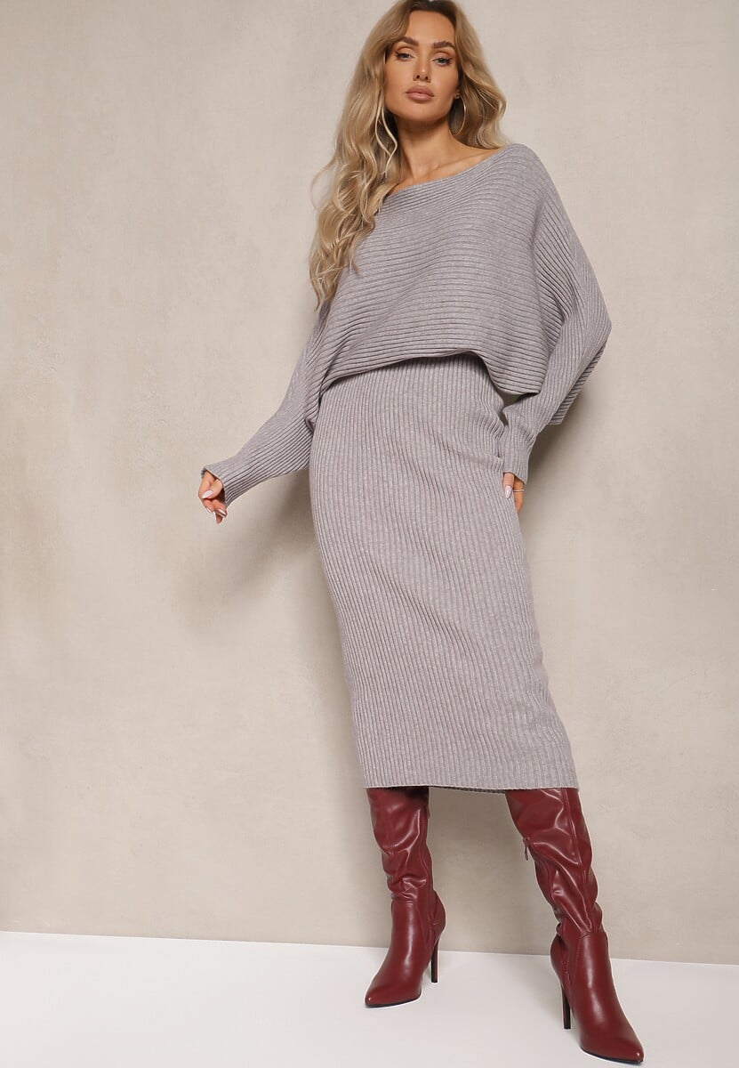 Czerwony Komplet z Wiskozą w Prążki Spódnica z Gumką w Pasie i Góra o Kroju Nietoperza Korttisa