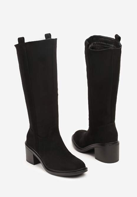 Czarne Kozaki Oficerki Vices na Obcasie Zdobione Paskami przy Cholewce Giorela