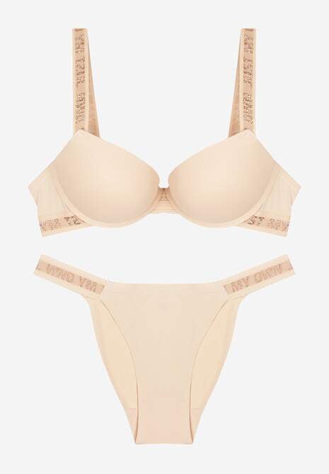 Beżowy Komplet Ozdobiony Napisami z Biustonoszem z Efektem Push-Up i Majtkami Bralicia