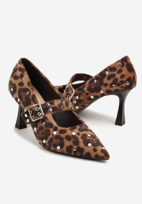 Panterkowe Czółenka Vices na Szpilce z Wkładką ze Skóry Naturalnej Ozdobione Nitami Rileinea