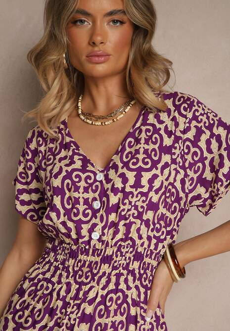 Ciemnofioletowa Sukienka z Bawełny z Trójkątnym Dekoltem i Gumką w Talii Zapinana na Guziki Lavlea