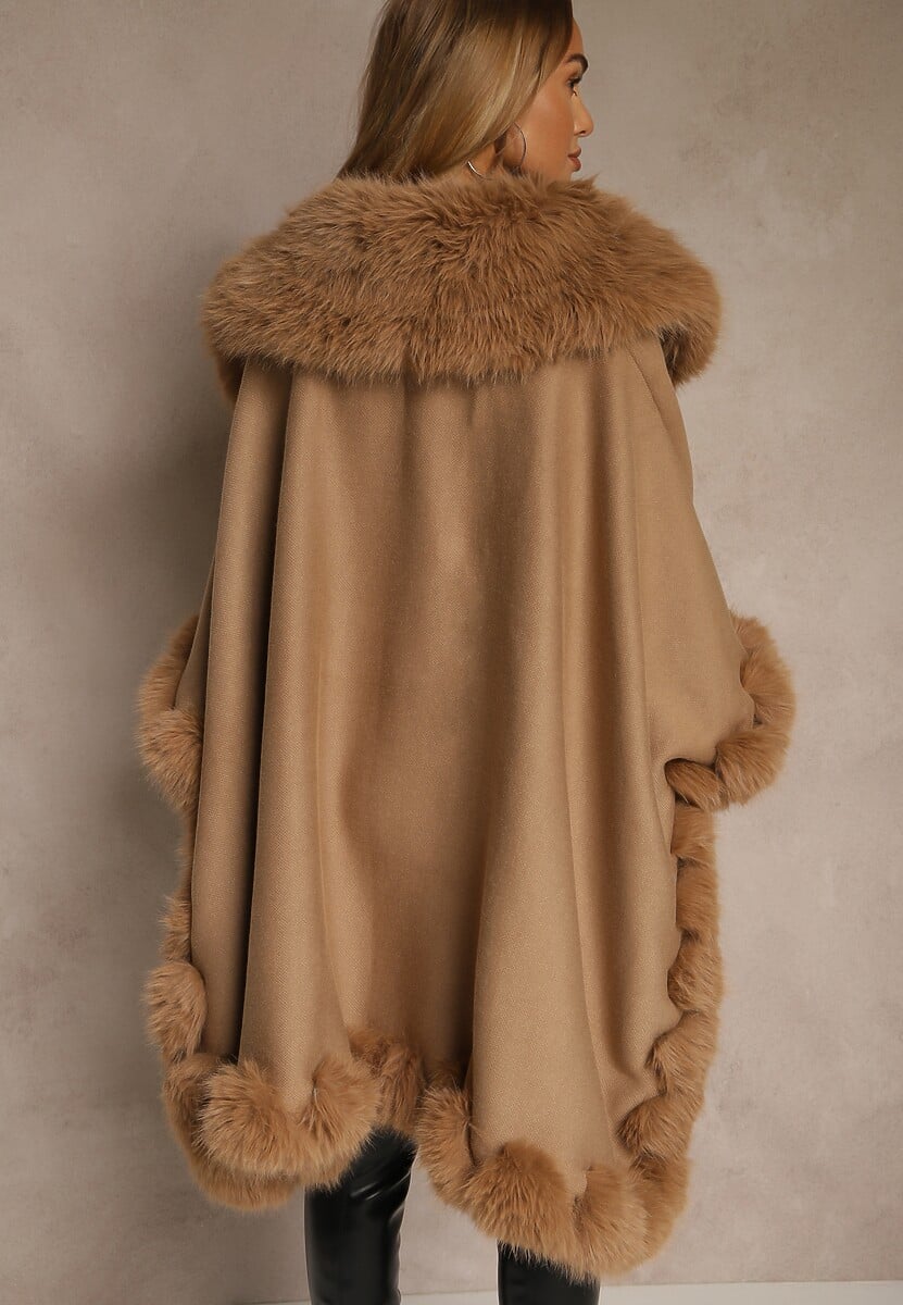 Brązowe Ponczo z Wełną i Wiskozą Obszyte Futerkiem Tevissa