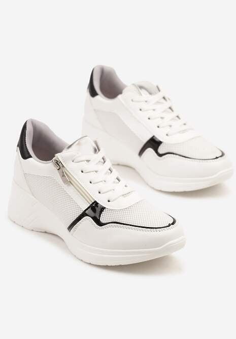 Białe Sneakersy na Koturnie z Wkładką ze Skóry Naturalnej Ozdobione Suwakiem Arivios