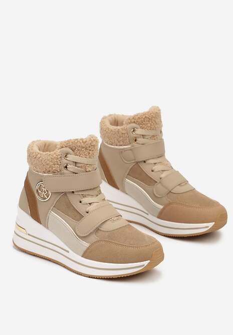 Ciemnobeżowe Sneakersy na Koturnie z Metalicznymi Wstawkami i Sztucznym Futerkiem Lerilanes