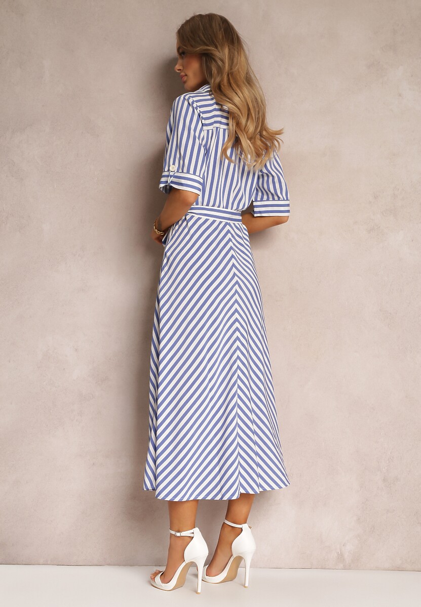 Niebieska Sukienka z Wiskozy w Paski o Koszulowym Fasonie z Wiązanym Paskiem Kimari