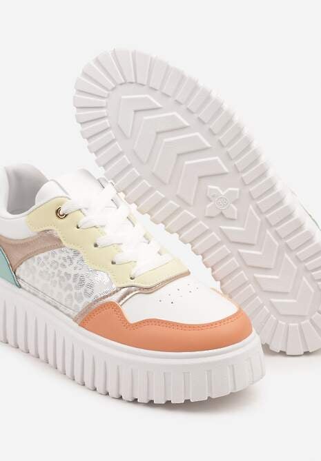 Biało-Pomarańczowe Sneakersy na Platformie z Tłoczeniem Ozdobione Panterką i Perforacją Udivaya