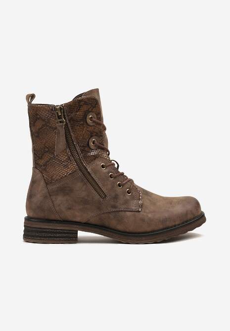 Brązowe Botki w Stylu Workerów z Ozdobnym Suwakiem i Wężową Wstawką Vemalora