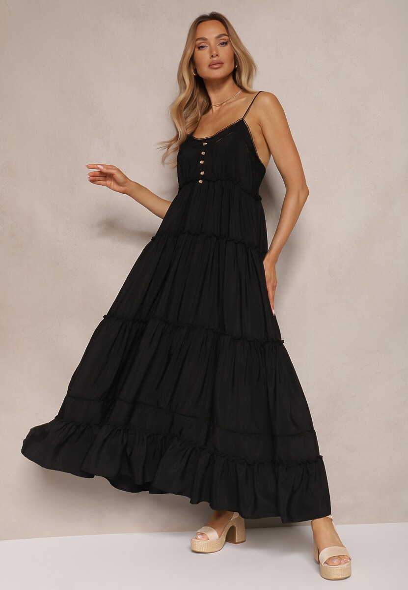 Czarna Rozkloszowana Sukienka na Cienkich Ramiączkach z Wiskozy i Bawełny Mimilia