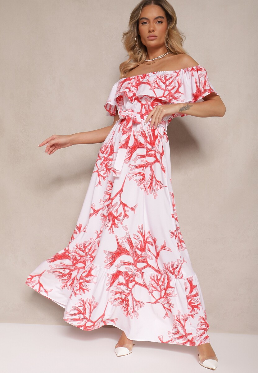 Czerwono-Biała Rozkloszowana Sukienka Hiszpanka z Wiązaniem w Talii Sesalira