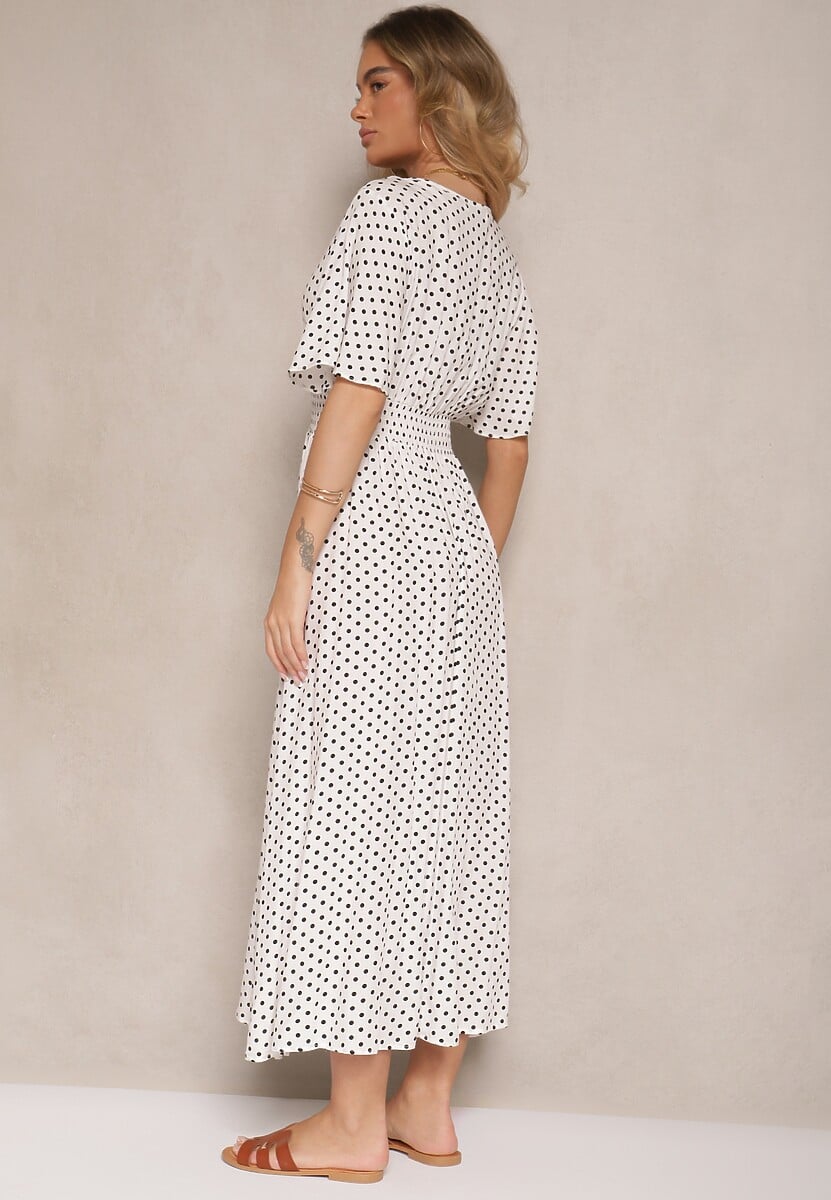 Biała Sukienka z Bawełną i Kopertowym Dekoltem ze Wzorem w Kropki Ldivona