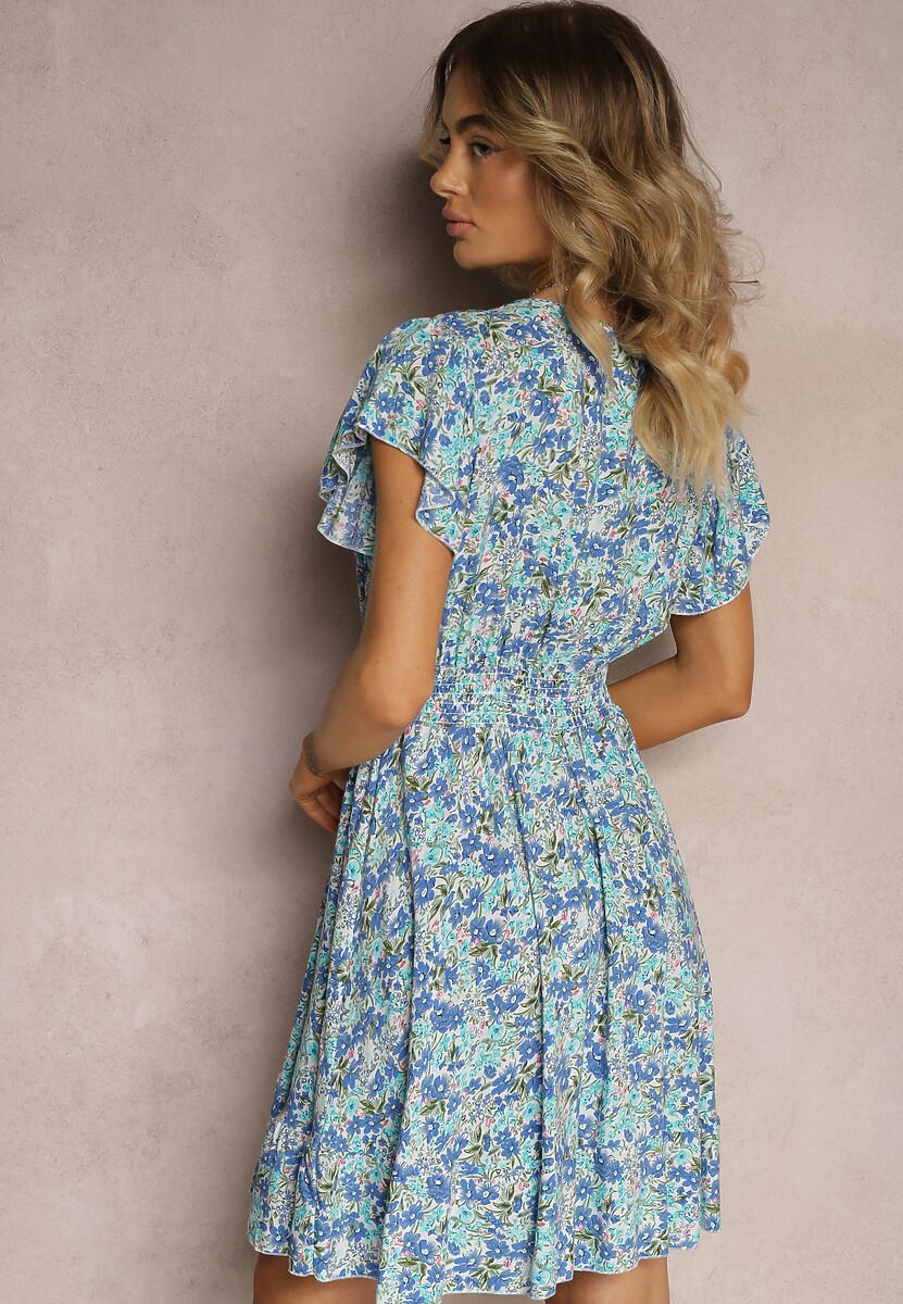 Niebieska Sukienka z Bawełny w Drobne Kwiaty z Kopertowym Dekoltem i Gumką w Talii Calnea