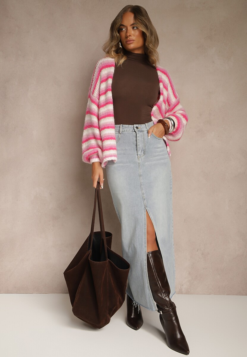 Fuksjowy Kardigan z Wełną i Wiskozą z Motywem Pasków Felorie