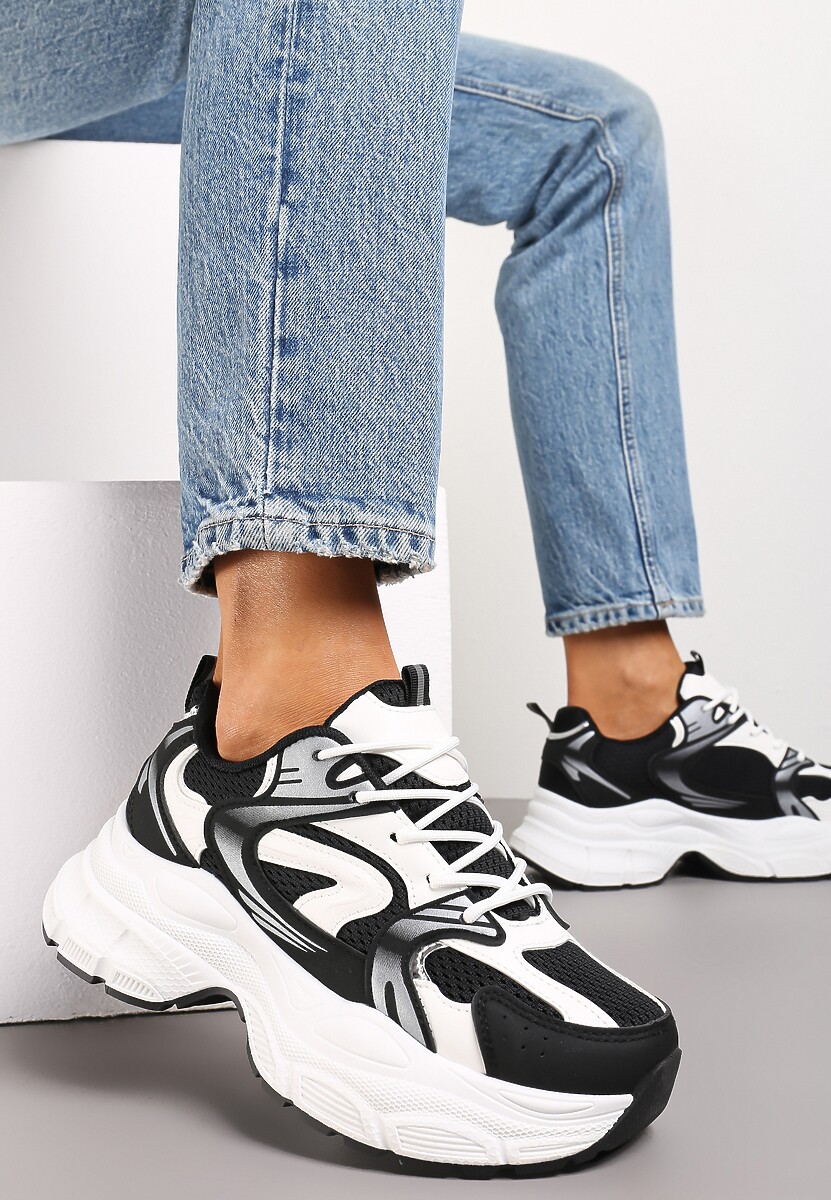 Czarne Sneakersy na Masywnej Podeszwie z Siateczką Kubbia