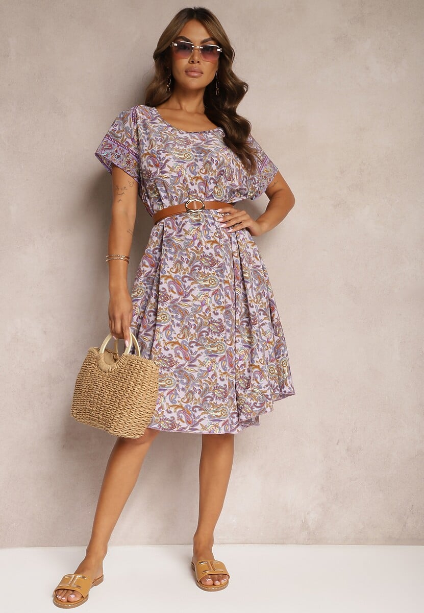 Fioletowa Rozkloszowana Sukienka z Wiskozy w Kwiaty Rivanira