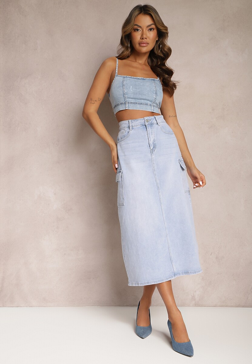 Jasnoniebieska Spódnica Jeansowa Midi Typu Cargo z Kieszeniami Dyleta