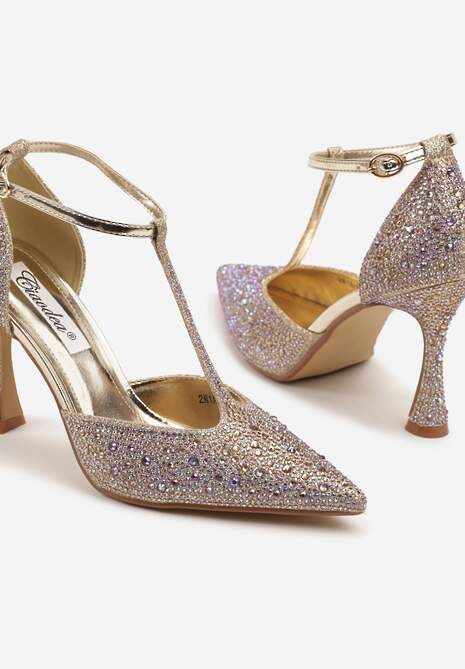 Złote Cyrkoniowe Sandały na Szpilce ze Szpiczastym Noskiem Ulonella