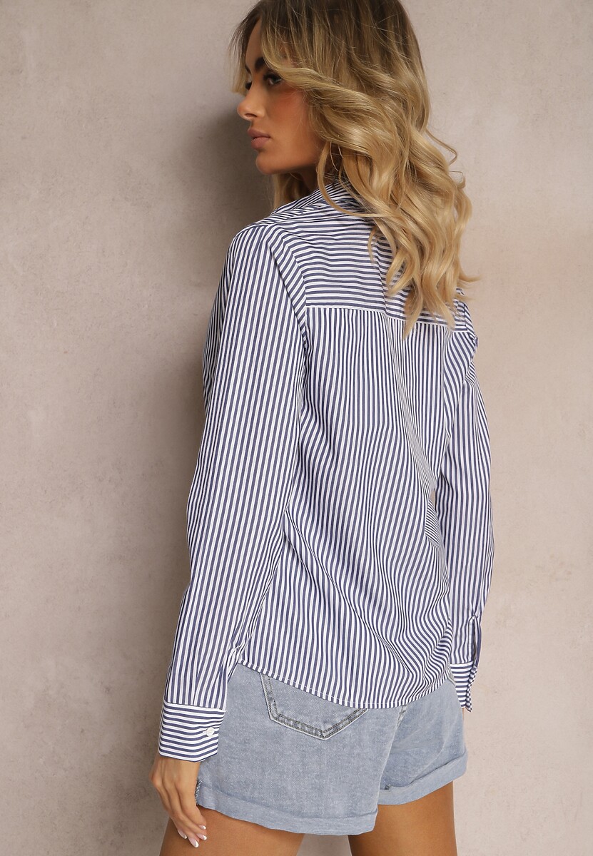 Granatowa Koszula Zapinana na Guziki z Długim Rękawem Wamira