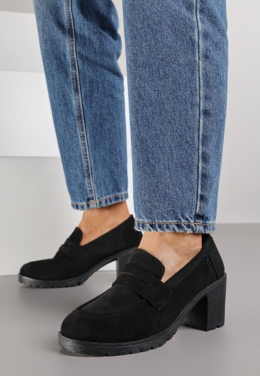 Czarne Półbuty Mokasyny z Ekozamszu na Słupku i Platformie Andarco