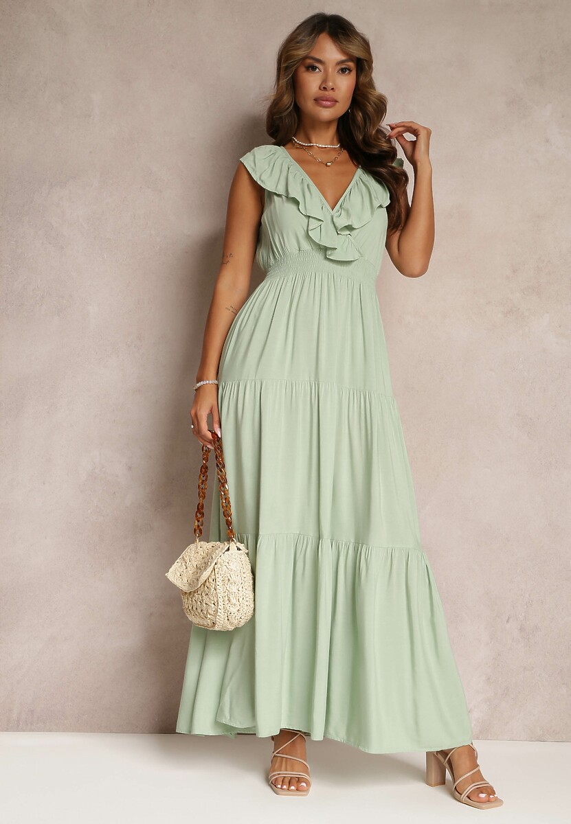 Miętowa Rozkloszowana Sukienka Maxi z Gumką w Talii i Falbanką Laylani