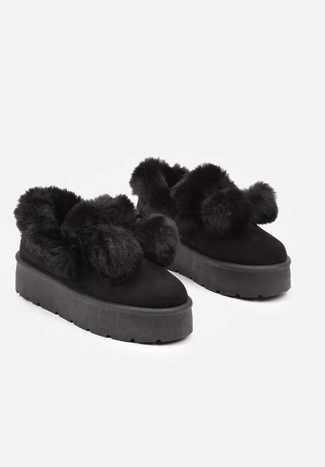Czarne Śniegowce na Platformie z Pomponami i Ozdobnym Sztucznym Futerkiem Iriviane