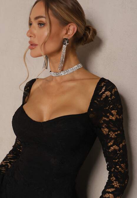 Czarna Gorsetowa Rozkloszowana Sukienka Koktajlowa z Koronką Leanirwen