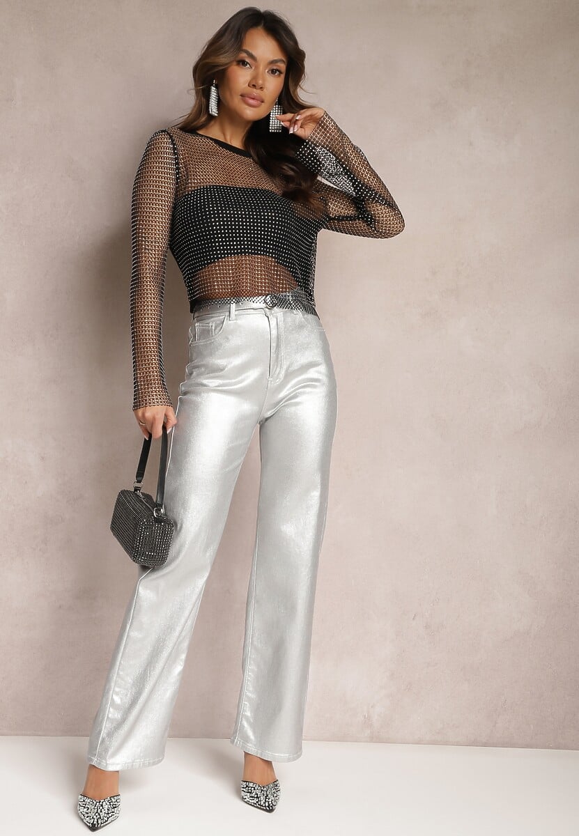 Czarna Bluzka z Topem Ozdobiona Siateczką w Cekiny Sanelia