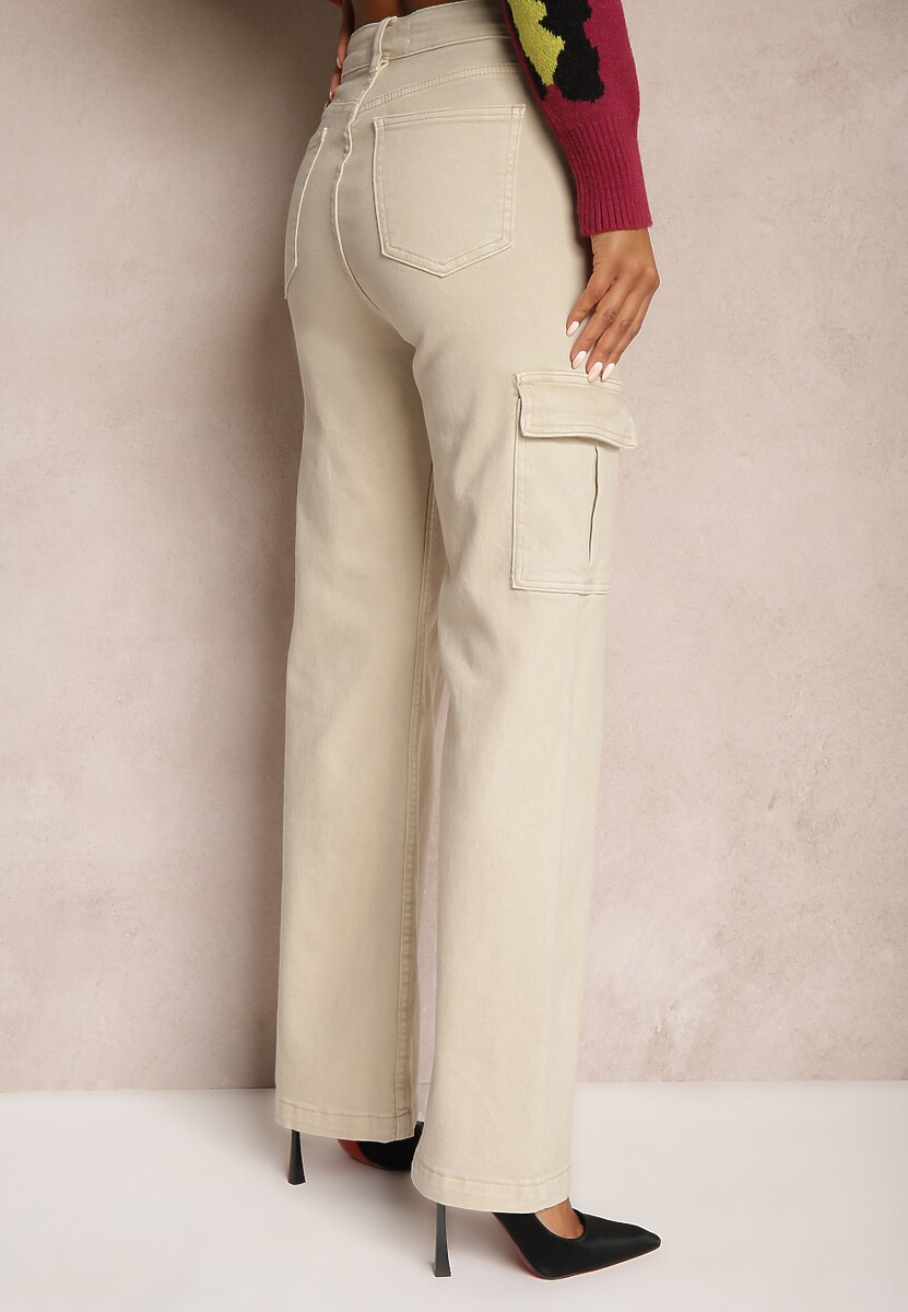 Jasnobeżowe Jeansy Cargo High Waist z Kieszeniami Anora