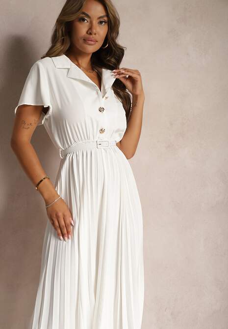 Biała Plisowana Rozkloszowana Sukienka z Paskiem Guzikami i Gumką w Talii Nelaika