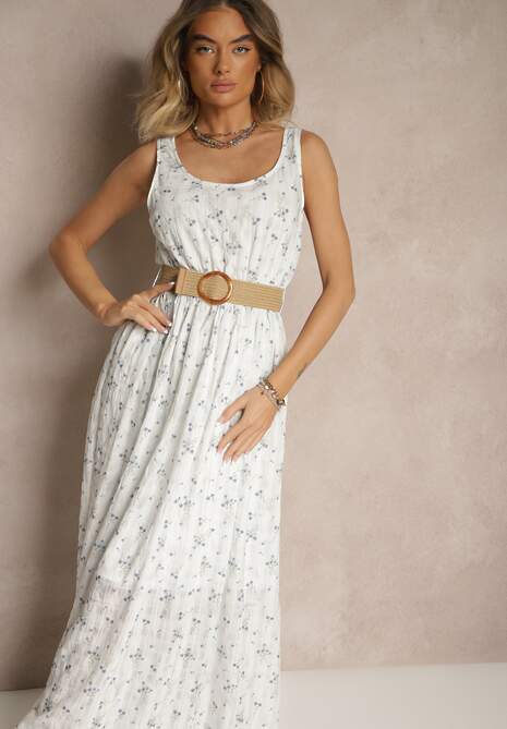 Jasnoniebieska Kwiatowa Sukienka o Rozkloszowanym Kroju z Paskiem z Plecionki Iffonvia