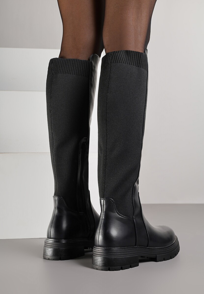 Czarne Kozaki przed Kolano z Elastyczną Wstawką w Cholewce Atisa