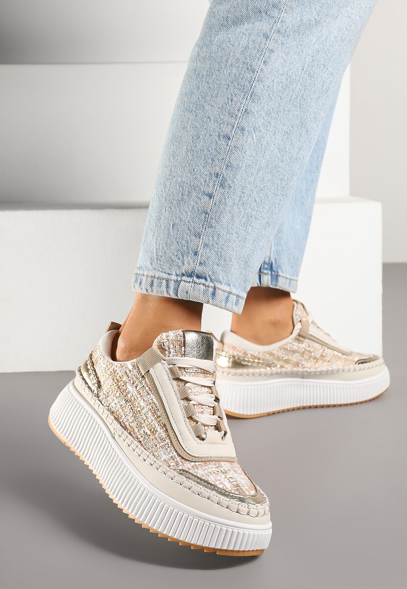 Biało-Różowe Sneakersy z Tweedowymi Zdobieniami i Przeszyciami na Platformie Ulandrelia