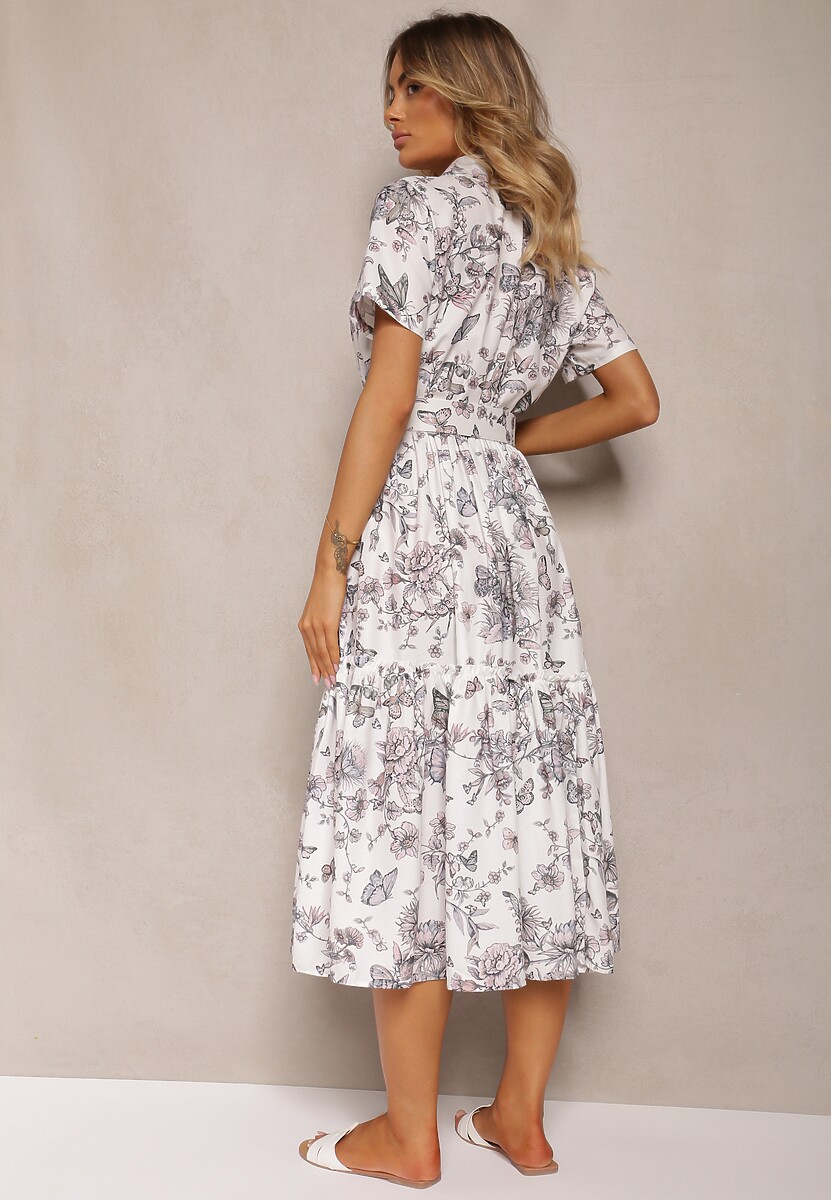 Biało-Szara Rozkloszowana Sukienka Koktajlowa z Paskiem Ozdobionym Klamrą i Gumką w Pasie Vimalinne