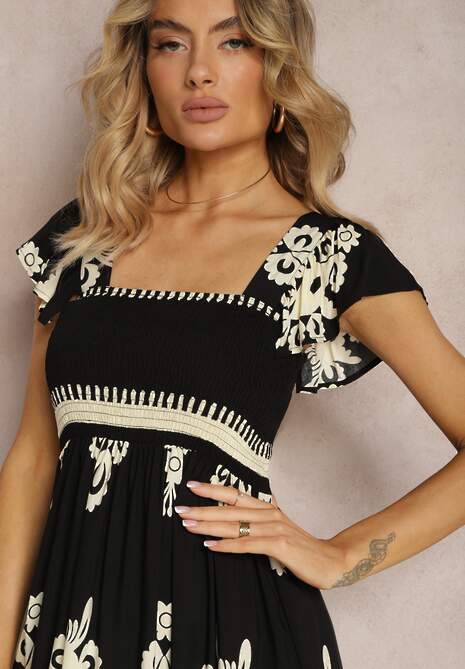 Czarna Wiskozowa Sukienka Boho z Falbankami i Gumką w Talii na Szerokich Ramiączkach Dreria