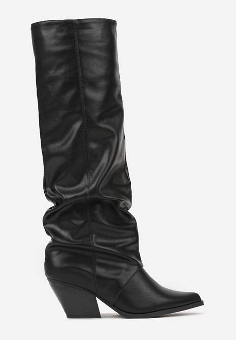 Czarne Marszczone Kozaki na Obcasie w Kształcie Stożka Atima