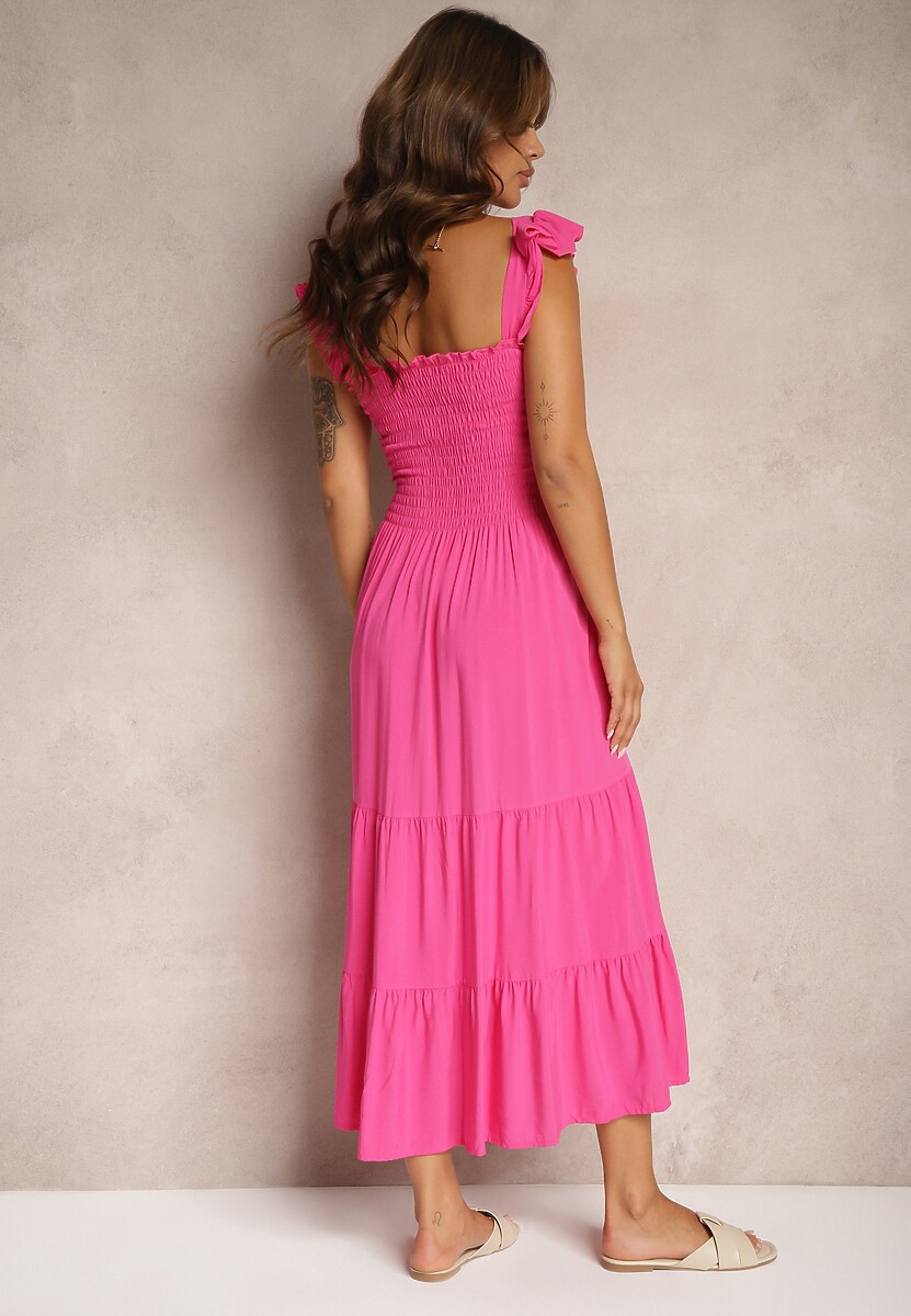 Fuksjowa Sukienka z Bawełny na Ramiączkach Ozdobiona Falbanami i Gumkami Mevalys