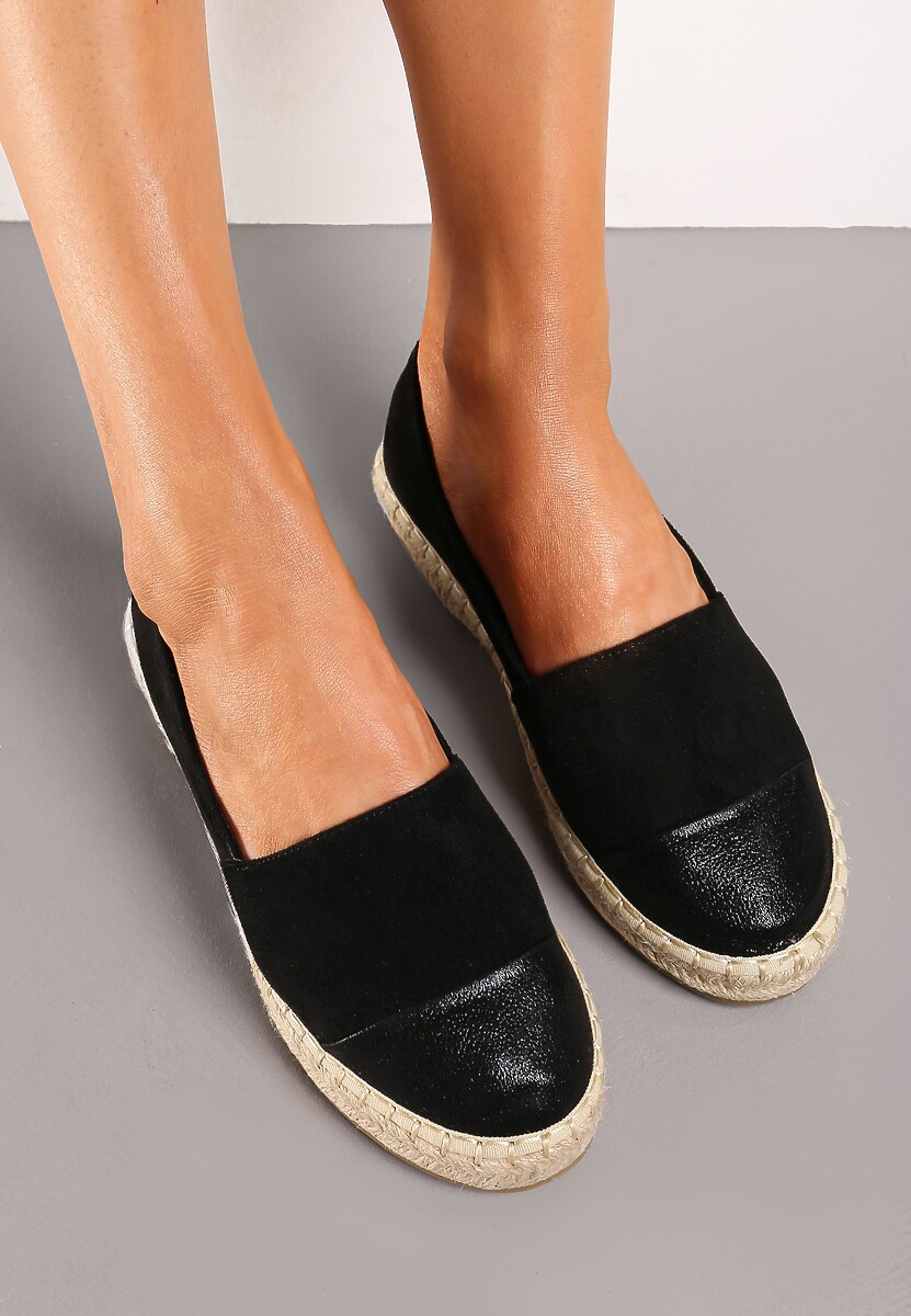 Czarne Płaskie Espadryle z Plecioną Podeszwą Geritellia