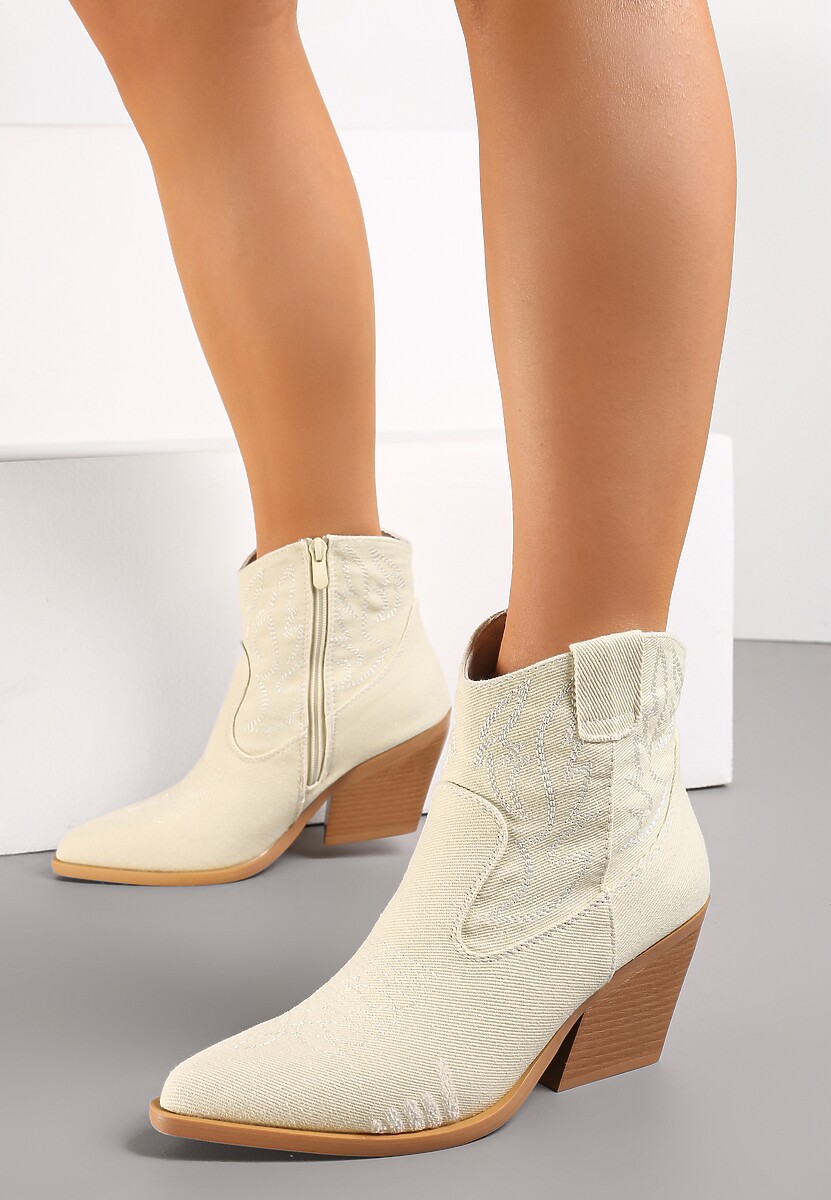 Beżowe Botki Kowbojki na Słupku z Przeszyciami Weava