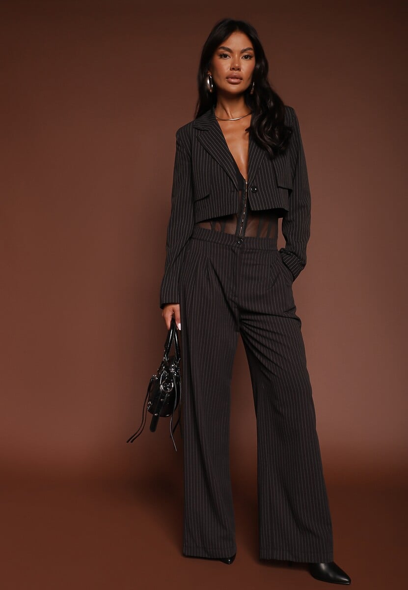 Czarny Komplet Garniturowy Marynarka Cropped i Szerokie Spodnie Mairilee