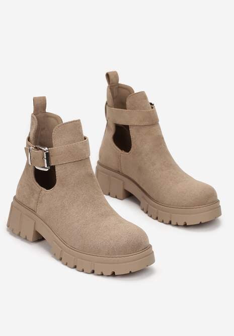 Ciemnobeżowe Botki z Wycięciem na Grubej Podeszwie Gennee