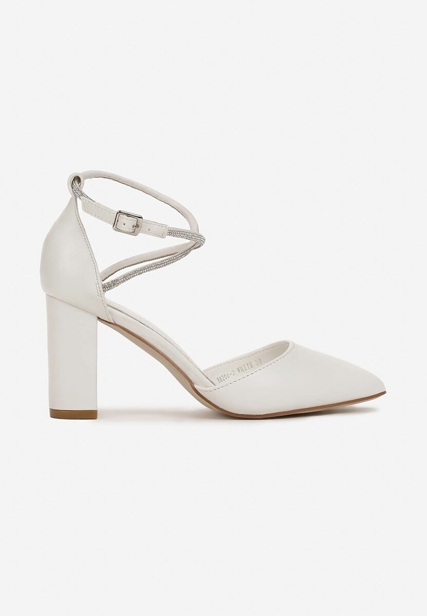 Białe Czółenka na Słupku ze Szpiczastym Noskiem i Paskiem w Cyrkonie Jiansa