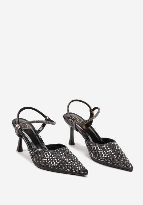 Czarne Sandały Slingback na Szpilce ze Szpiczastym Noskiem z Cyrkoniami Dimena