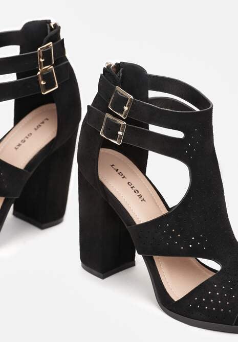Czarne Sandały na Wysokim Słupku z Perforacją Meeyah