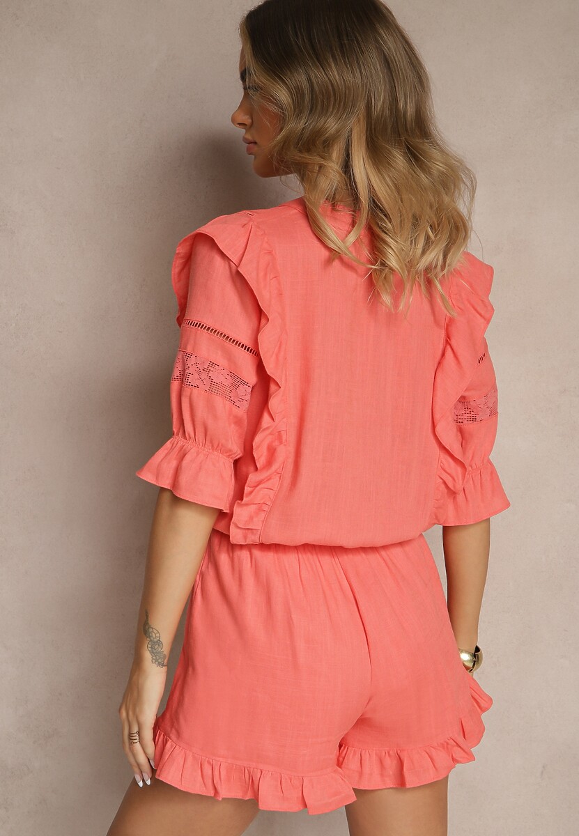 Pomarańczowy Wiskozowy Kombinezon z Lnem w Rustykalnym Stylu z Koronką i Falbanami Linulia