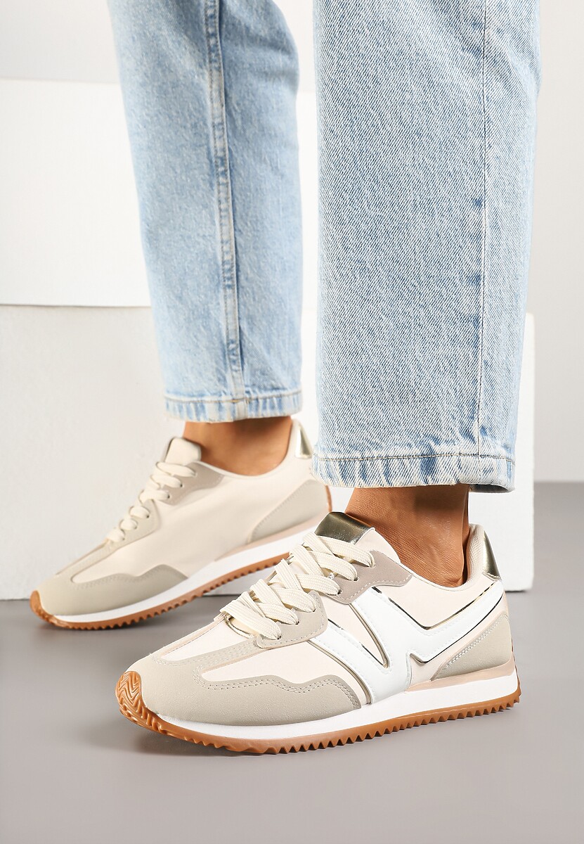 Jasnobeżowe Sneakersy z Geometrycznym Wzorem i Metaliczną Wstawką Zolio