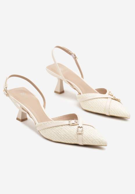 Beżowe Sandały na Kaczuszce z Odkrytą Piętą o Ozdobnymi Sprzączkami Adivini