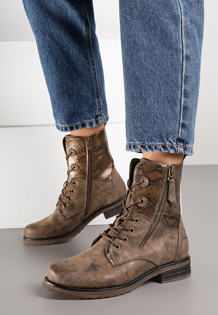 Brązowe Botki w Stylu Workerów z Ozdobnym Suwakiem i Wężową Wstawką Vemalora