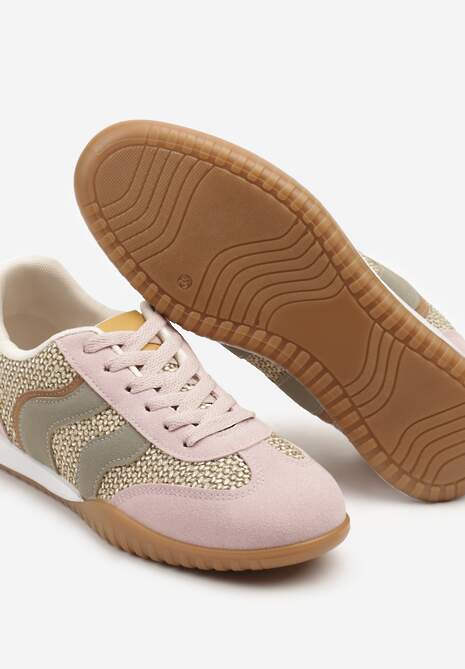 Różowo-Zielone Sneakersy z Geometrycznym Motywem i Plecionką Laniffia